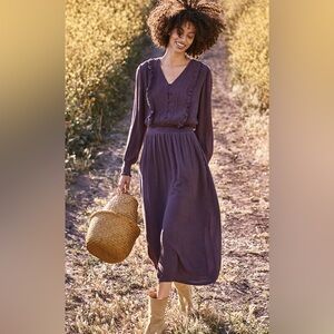 Garnet Hill Boho Ruffle Crepe Midi Dress Size Large Night Shade Cottagecore